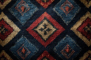 Aufkleber - Close-up of a textured fabric with a repeating geometric diamond pattern in muted red, blue, and beige tones.