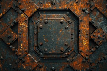 Poster - Rusty metallic texture, geometric pattern, dark grunge background, industrial design.