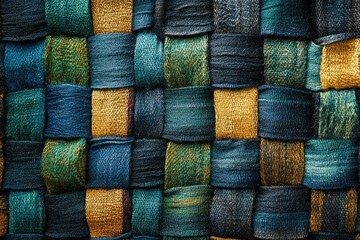 Aufkleber - Intricate woven textile with a checkered pattern in shades of teal, blue, and gold.