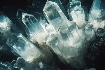 Poster - A cluster of large, translucent quartz crystals gleaming in a dark cave, showcasing their intricate geometric formations.