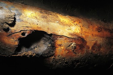 Fototapete - A weathered, cracked log, exhibiting signs of age and decay, illuminated by a dramatic light source.