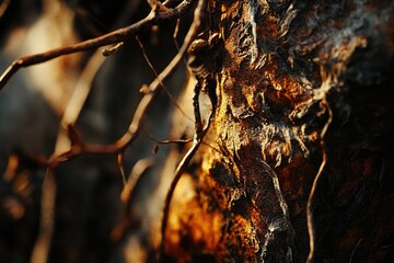Poster - Close-up of sunlit tree bark with intricate textures and intertwining branches.