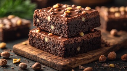 Wall Mural - Savor delectable chocolate brownies covered in a rich glaze and garnished with crunchy almonds. They delight in the gentle warmth of a colorful background while their warm, rich scent entices.