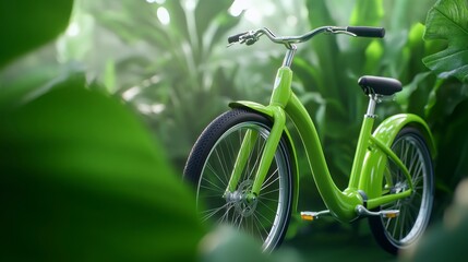 Wall Mural - Lime green bicycle rests in lush green foliage, sunlight filters through leaves creating a soft, dreamy atmosphere. The bike's details are visible