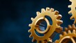 © A4719 - Close up of interlocking golden gears against a dark blue background. The gears are metallic and reflective, suggesting precision engineering and