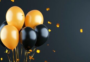 Canvas Print - Group of gold and black balloons with confetti on a dark background. Festive and celebratory image, perfect for party invitations or celebratory