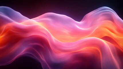Poster - Abstract flowing wave in vibrant pink and orange hues against a dark background. Futuristic and dynamic motion concept.