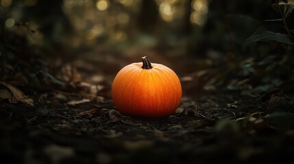 Wall Mural - Autumnal Pumpkin Resting In Dark Forest Woods