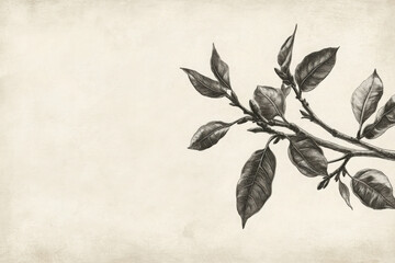 Vintage botanical illustration of a tree branch with delicate leaves against an antique parchment background.