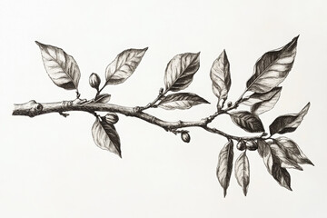 Detailed black and white illustration of a tree branch with leaves and buds, showcasing intricate shading and texture.