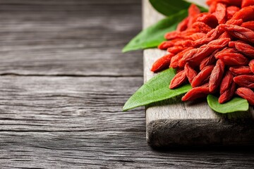 Wall Mural - Fresh Goji Berries on Wooden Board with Green Leaves Arrangement