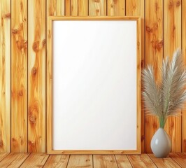 Poster - Blank poster mockup with wooden frame against a rustic wood background. A gray vase with pampas grass adds subtle texture and warmth to the scene