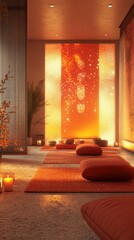 Wall Mural - Tranquil meditation room with warm lighting and cushions in minimalist design