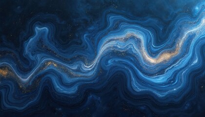 Poster - Swirling blue marble abstract background. Resembles cosmic clouds with gold dust. Liquid ink acrylic waves mix, creating fluid modern textured pattern, creative unique art. Seamless wallpaper