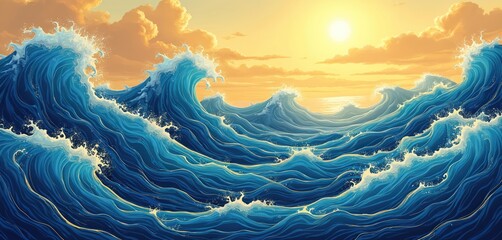 Aufkleber - Illustration of ocean waves at golden sunset. Blue water, sun and clouds sky for travel, nature and adventure themes. Seascape with sea waves, sky, foam and sun.