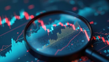 Aufkleber - Illustration featuring stock exchange market data, financial trends examined through magnifying glass. Precision analytic AI Generative tech, business investment strategy, stock market analysis,