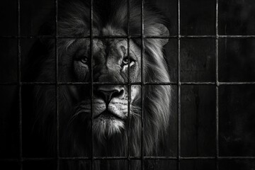 Wall Mural - Circus Lion Portrait: Wild Animal in a Cage with Majestic Mane and Fierce Gaze