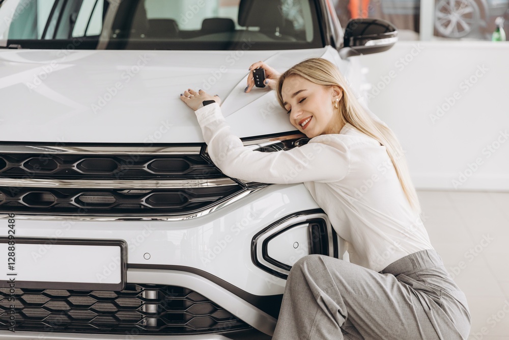 Positive young caucasian woman hugging his new car in dealership. Happy ...