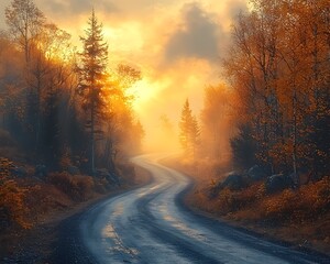 Wall Mural - Serene Country Road Disappearing Into Glowing Misty Autumn Landscape