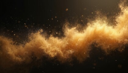 Aufkleber - Golden dust swirls in air creating magical atmosphere against black backdrop. Gold particles shimmering, sparkling, glowing. Aethereal visual effect celebrates fantasy, texture, motion, luxury,