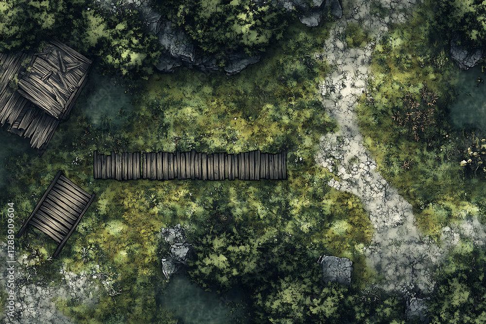 Overhead View of Detailed Battle Map Featuring a Wooden Bridge Path and ...