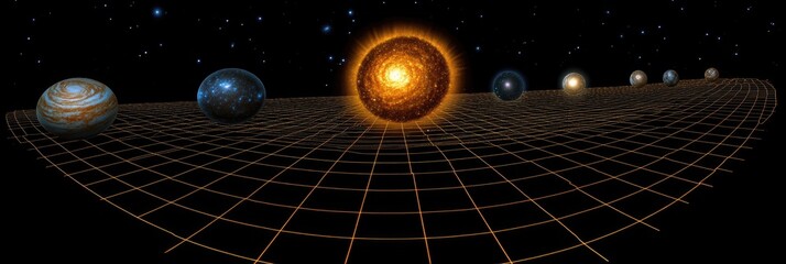 Wall Mural - planets orbiting star, spacetime grid, cosmic background. educational use