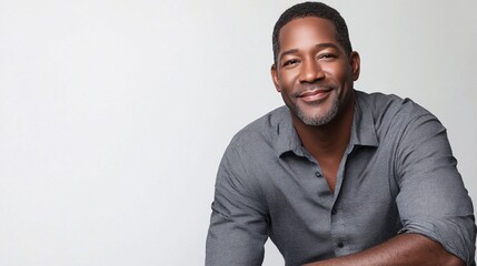 Professional studio portrait of a confident African American man wearing a grey button-up shirt, photographed against a clean white background with natural lighting and warm smile.