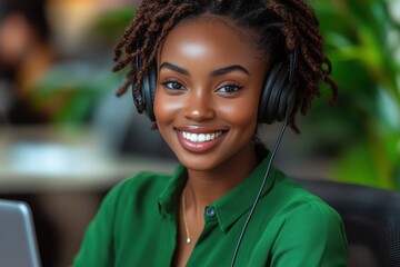 Smiling woman with headphones working at her desk in a modern office environment surrounded by greenery