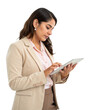 © Mr.PNG - Portrait of Young Latina Businesswoman Typing on a Tablet isolated on a transparent background.