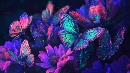 Canvas Print - vibrant iridescent neon butterflies