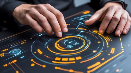 Hands interacting with a futuristic technology interface display screen