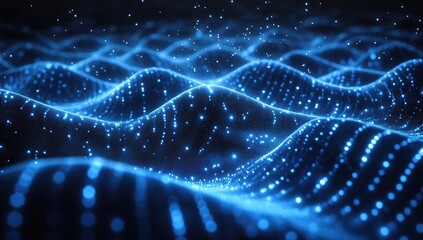 Abstract digital landscape of glowing blue particles
