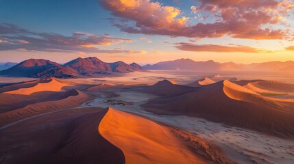 Wall Mural - Serene Desert Landscape at Sunset with Dramatic Clouds and Mountain Backdrop in Warm Golden and Orange Tones