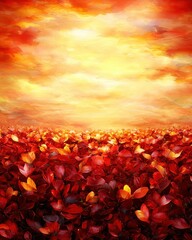 Wall Mural - a vibrant digital painting depicting a field of red and orange leaves under a dramatic autumn sunset
