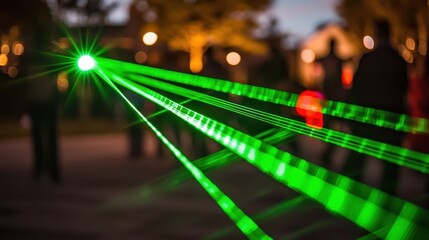Wall Mural - abstract image of vibrant green laser beams creating dynamic light streaks against a blurred city ni