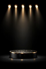 Wall Mural - a high resolution image showcasing a luxurious black circular pedestal with a golden rim illuminated