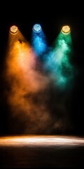 Wall Mural - image of three spotlights casting orange blue and green light onto a dark smoky stage