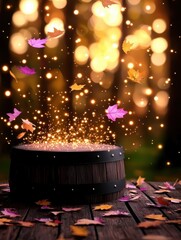Wall Mural - a wooden barrel on a rustic wooden surface surrounded by scattered autumn leaves and glowing lights