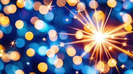 Wall Mural - abstract festive background featuring a bright gold sparkler with a bokeh effect of blue and yellow 