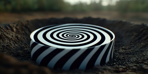 Wall Mural - a hypnotic black and white spiral embedded in dark soil