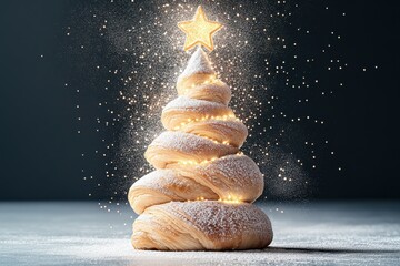 Wall Mural - Unique festive croissant tree decorated with lights and sparkles for a delightful holiday experience