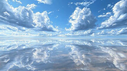 Wall Mural - Serene Reflection of Breathtaking Clouds in Vast Blue Sky Over Tranquil Water Surface with Stunning Mirror Effect