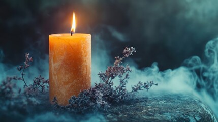 Wall Mural - A single candle burns brightly amidst smoky foliage