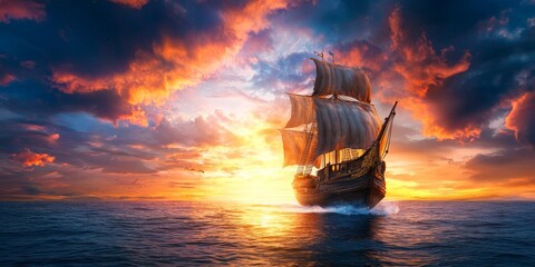 Poster - A majestic ship sails across a shimmering sea at sunset, framed by dramatic clouds and vibrant colors.