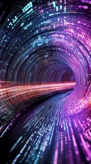 Poster - Futuristic digital tunnel with vibrant neon lights and glowing particles, dynamic swirling motion. Technology and innovation concept