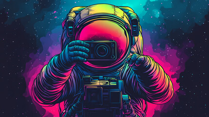 Wall Mural - an astronaut taking a selfie with a camera, showcasing a vibrant and colorful space theme. cosmic as