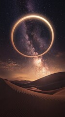 Wall Mural - Desert dunes under circular glowing ring in starlit sky, surreal landscape. Cosmic night and mystery concept