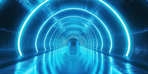 Wall Mural - a bright, futuristic tunnel with neon blue lights and reflections