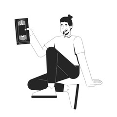 Canvas Print - Bearded man sitting casually, holding VHS tape black and white 2D line character. Retro media. Nostalgic movie lover caucasian guy isolated vector outline person. Monochromatic spot illustration