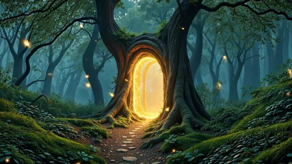 Fototapete - A tree with a hole in it. The hole is lit up with fireflies. The tree is surrounded by grass and rocks